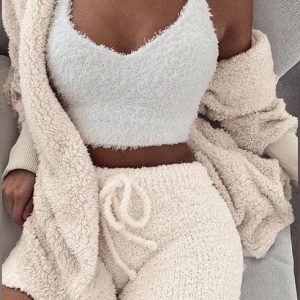 Comfy Faux Fur Crop Top Shorts And Jackets